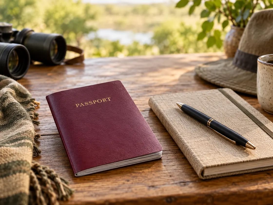 Passport booklet and notebook on a table