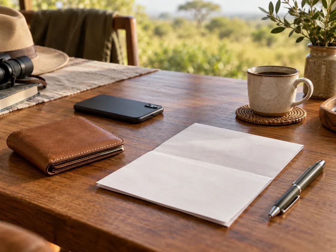 Wallet, phone and paper for travel planning