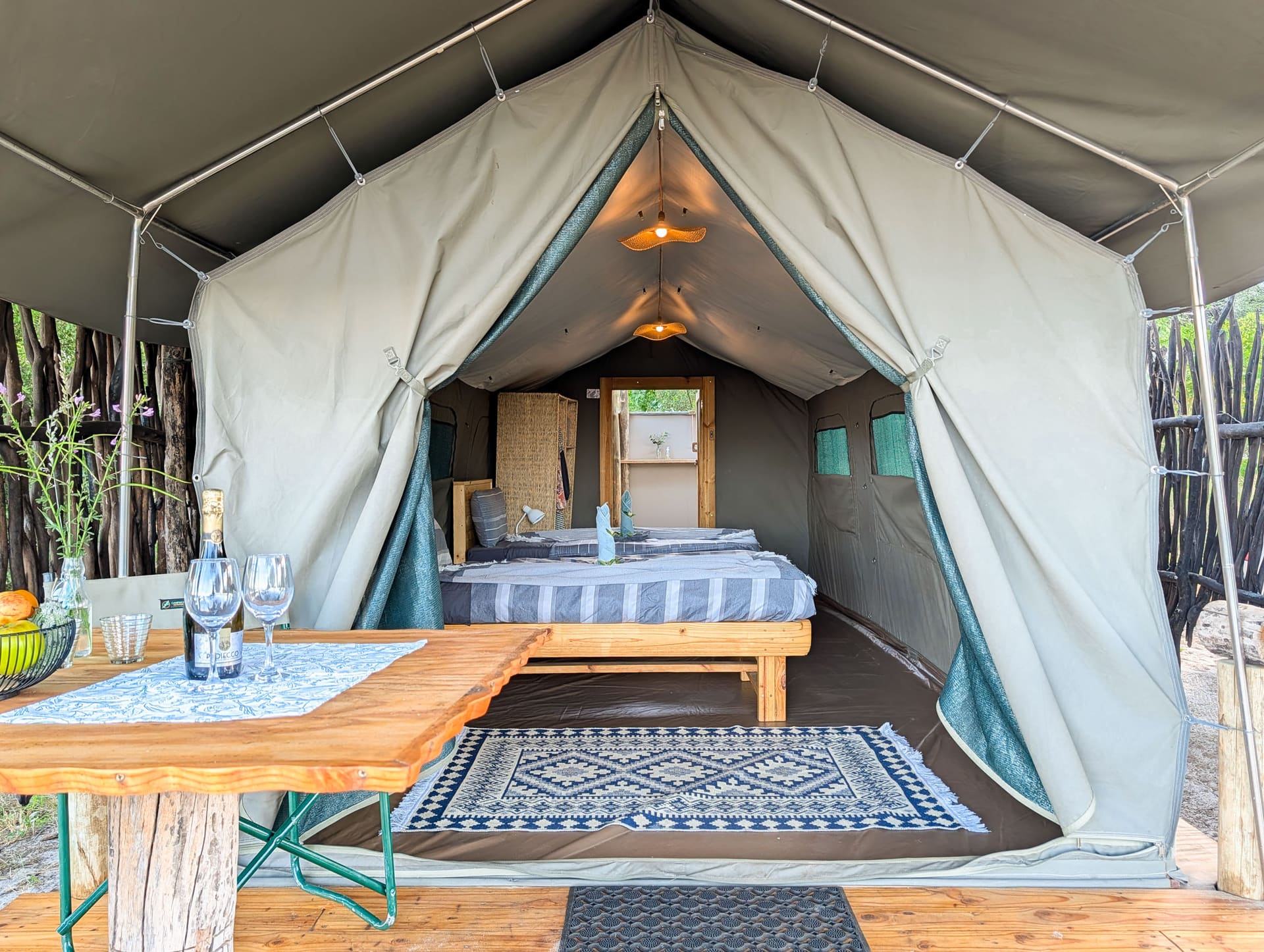 Tent interior double bed entrance